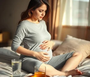 Pregnant woman feeling nauseous in the morning, holding her stomach while sitting on a bed.