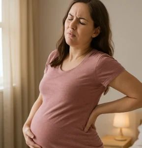 A pregnant woman standing , holding her lower back in discomfort, representing common back pain during pregnancy.